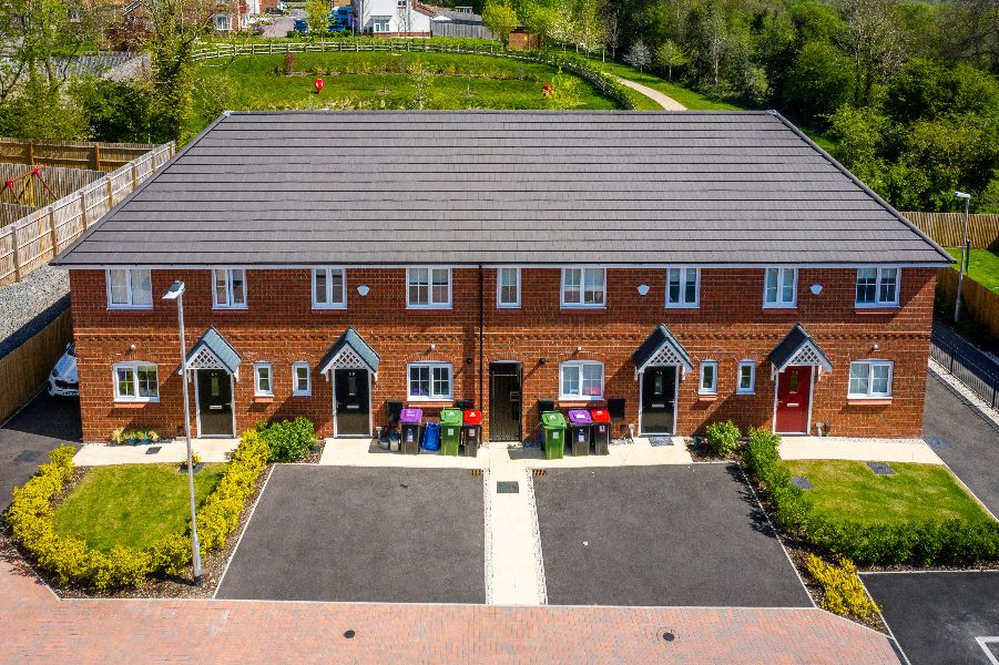 Drone photography of family houses at Silkin Green, Telford