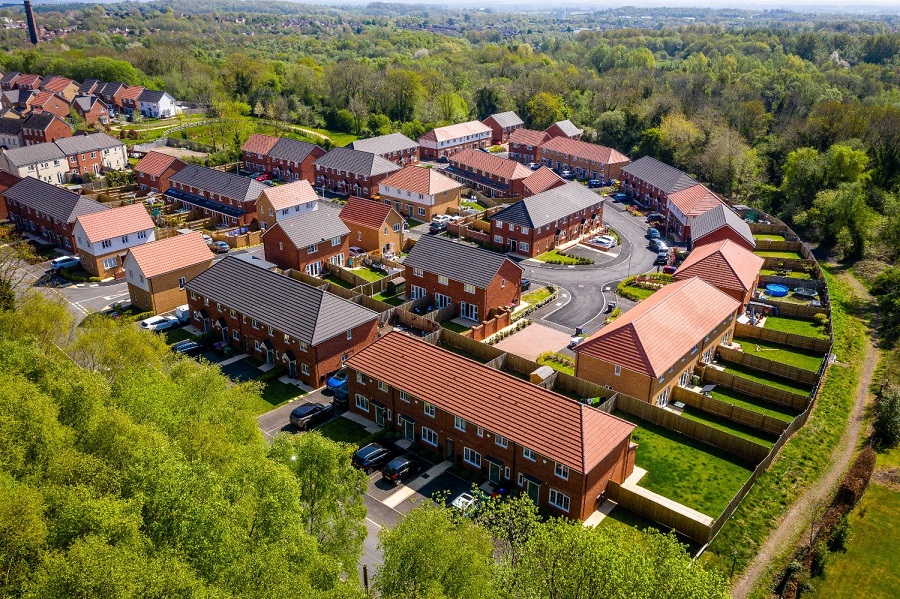 Drone photography of family houses at Silkin Green, Telford