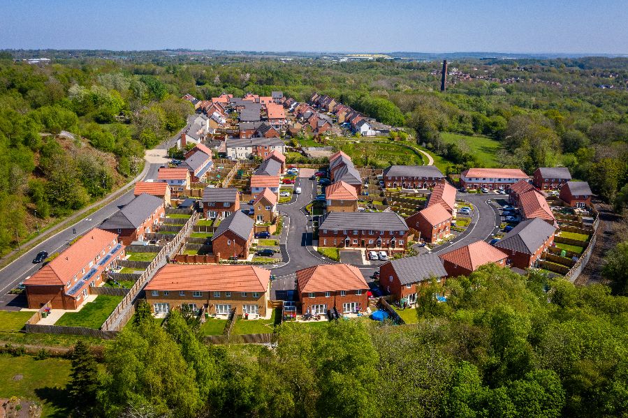Drone photography of family houses at Silkin Green, Telford