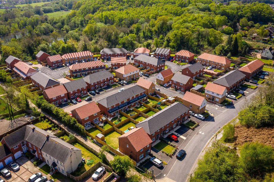 Drone photography of family houses at Silkin Green, Telford