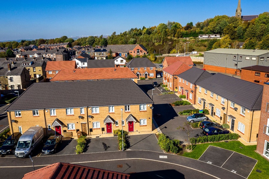 Drone photography of housing development Coral Mill, Rochdale