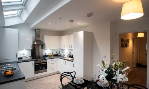 interior photo of open plan kitchen and dinner room