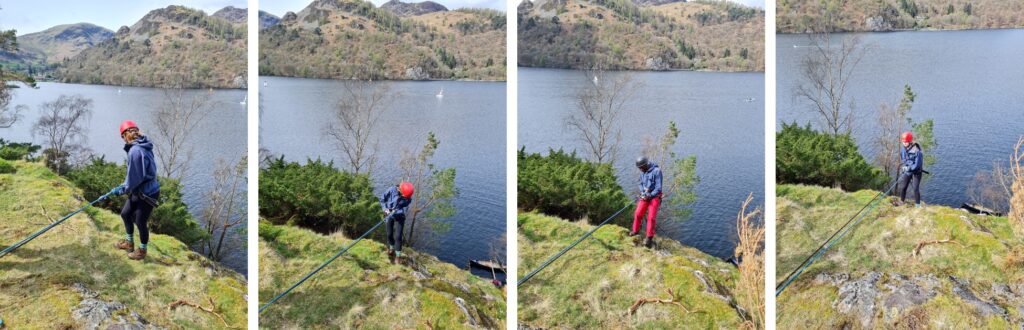 Young adult abseling down a cliff