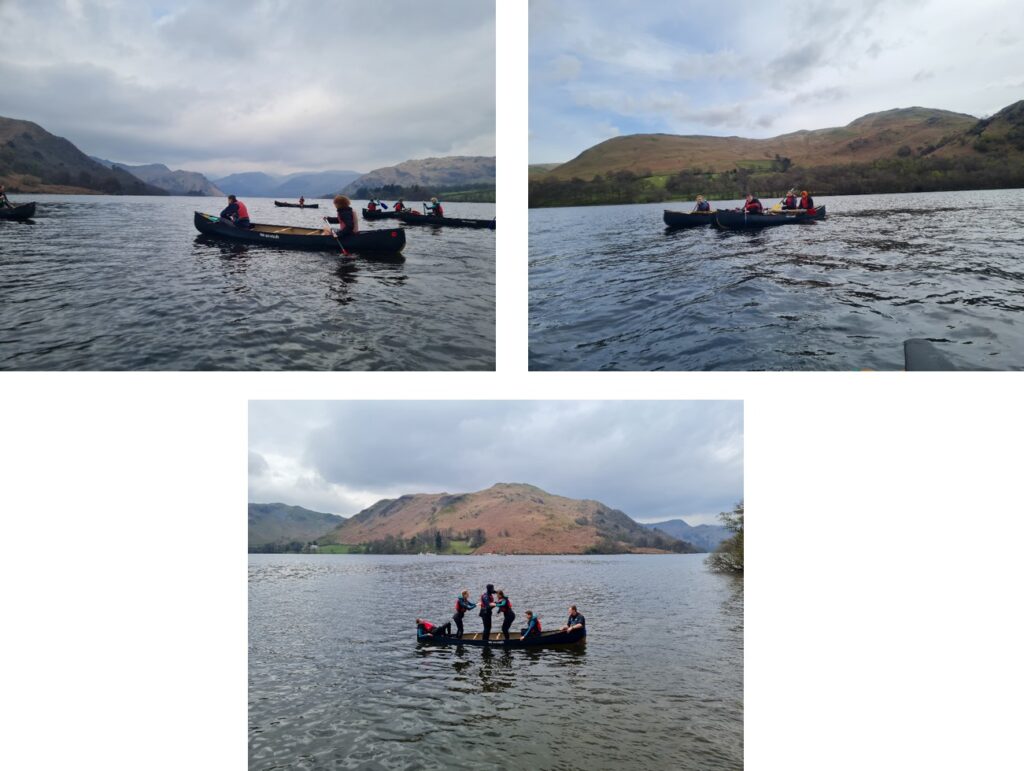 Young adults rowing in a boat