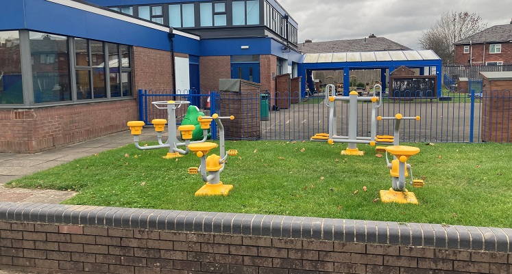 Exercise equipment in the garden of a primary school