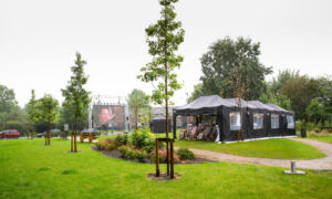 Tents and cinema screen in the garden