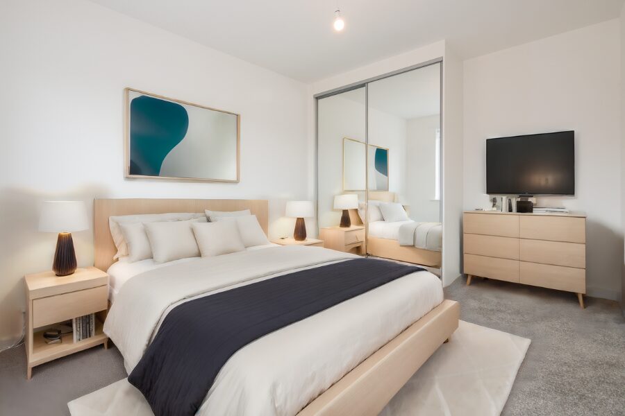 cgi staged bedroom with fitted mirrored wardrobe